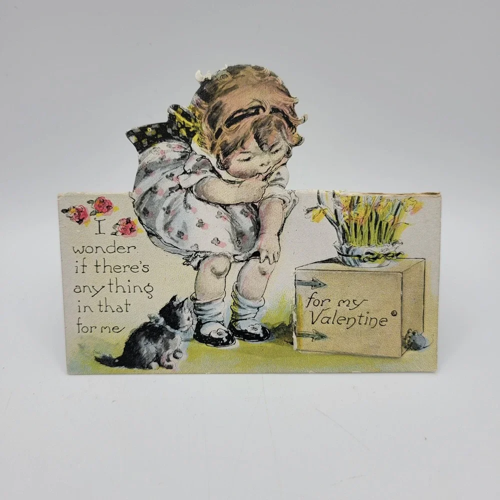 Vintage Valentine Card Girl Kitten Pop Up Die Cut Antique‎ Valentines Day